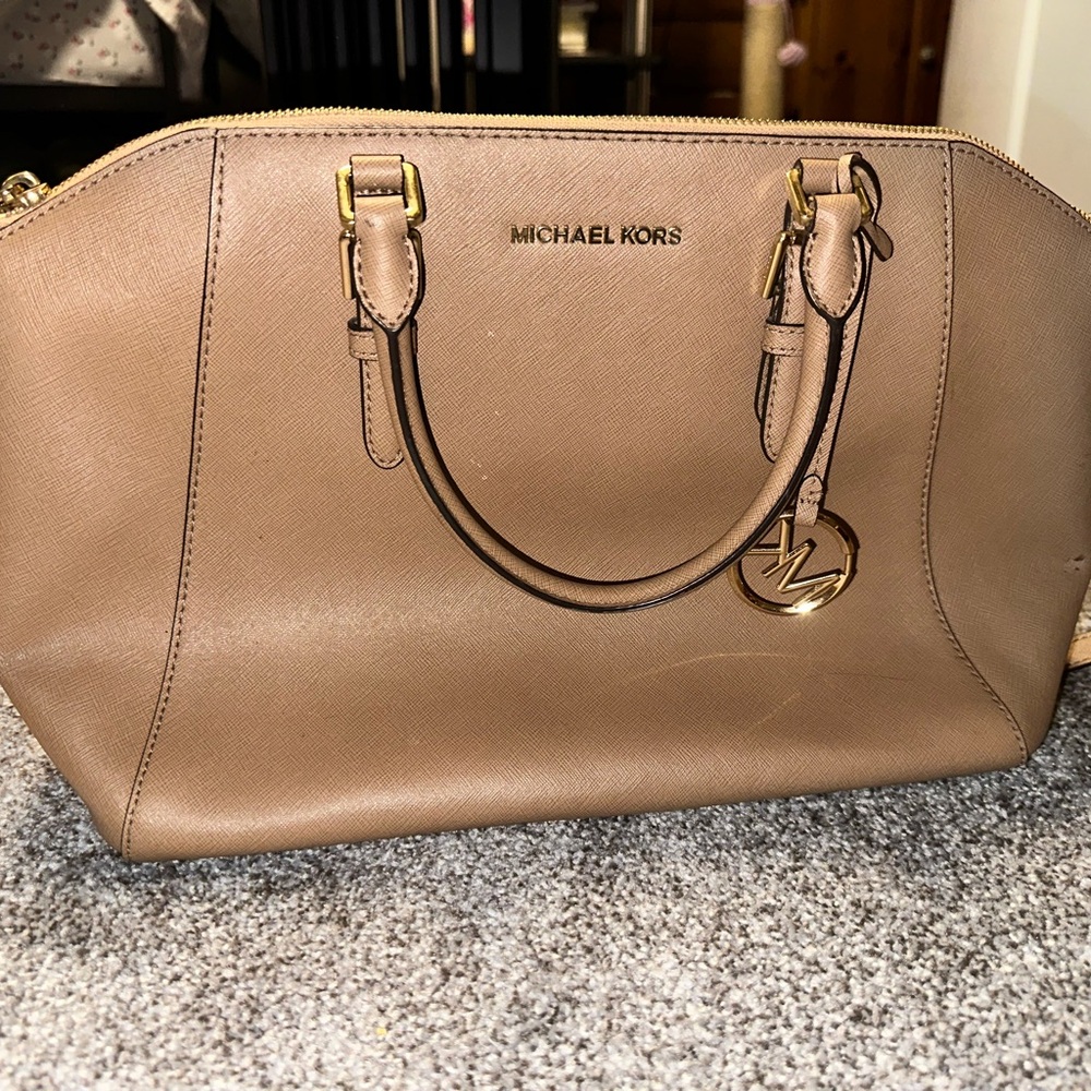 Michael Kors Tan Leather Satchel with Silver Hardware